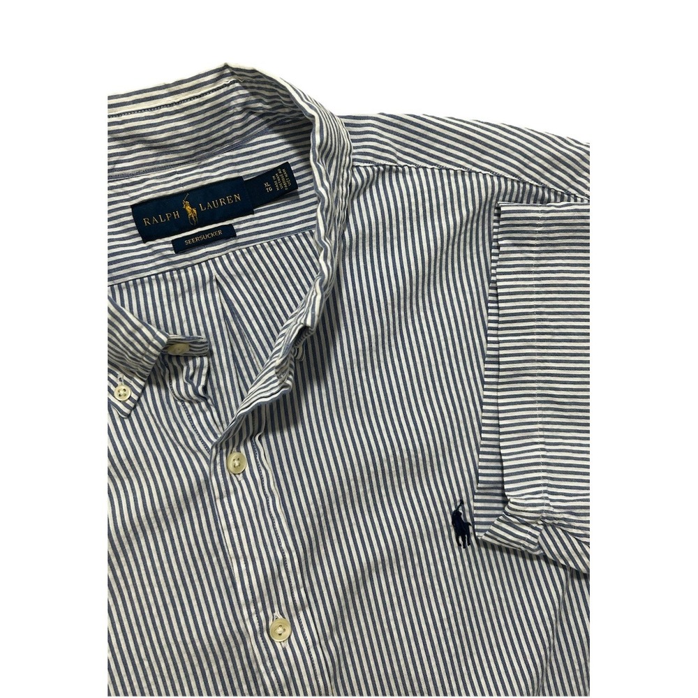Polo‎ Ralph Lauren Men's XL Seersucker Shirt Blue White Striped Short Sleeve